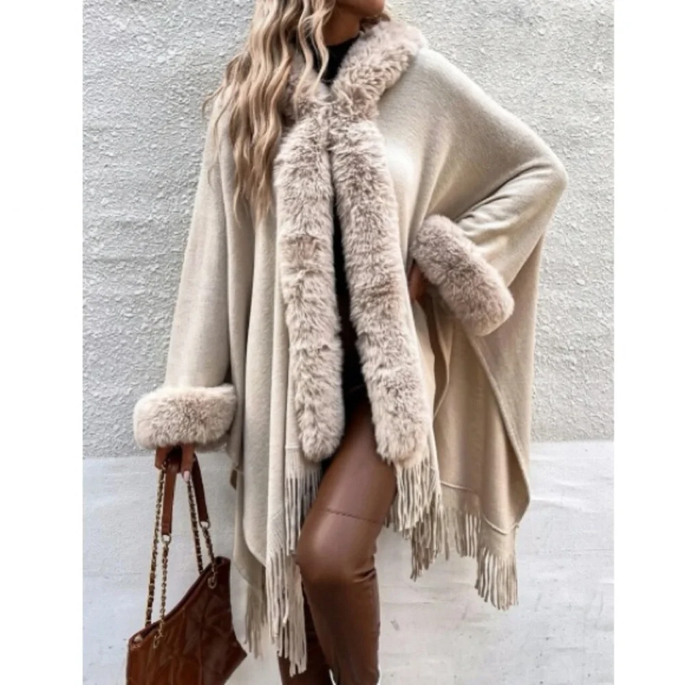 Cozy vegan fur dolman sleeve tssel poncho shawl scarf wrap cardigan - Picture 5 of 16